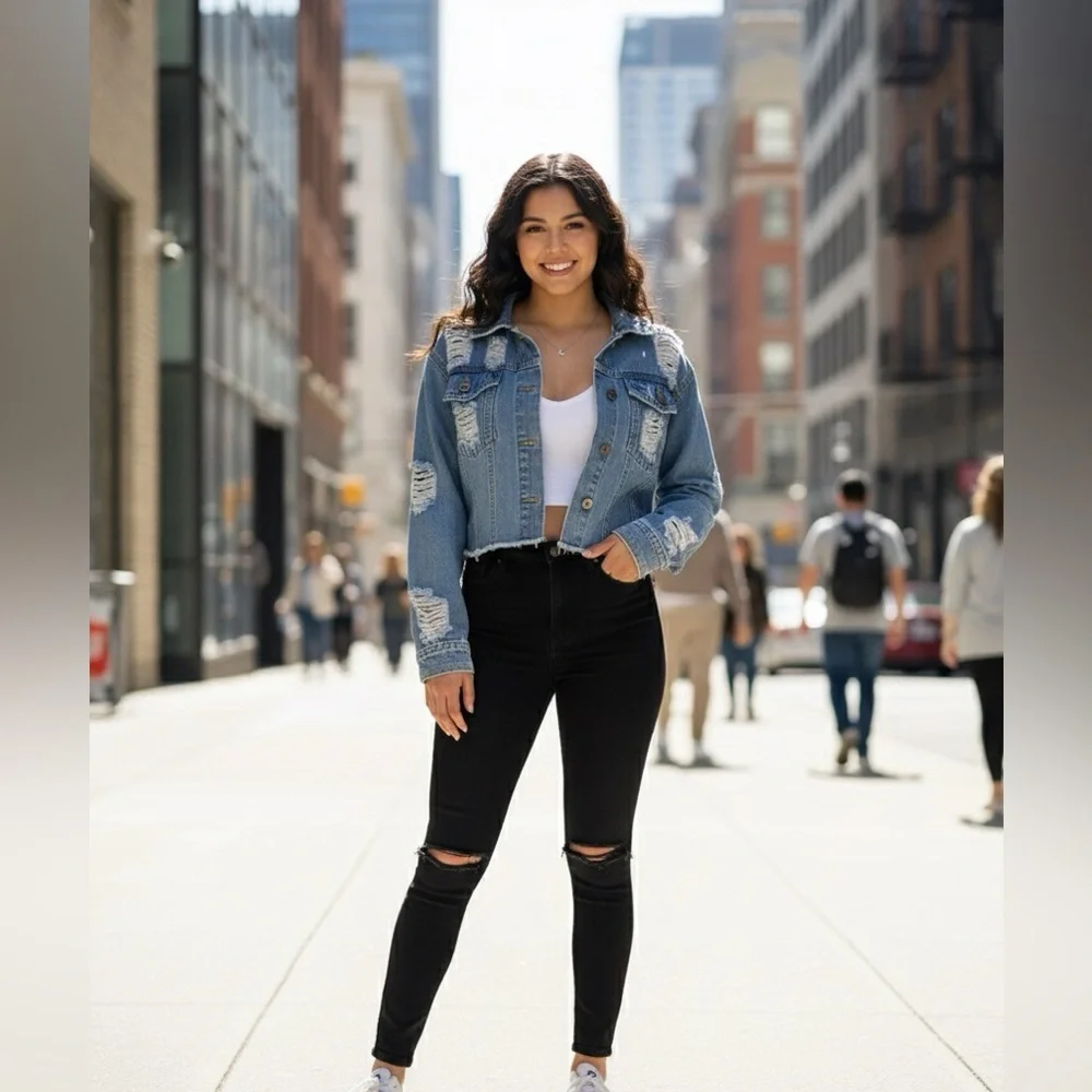 Distressed Cropped Denim Jacket - Picture 3 of 4